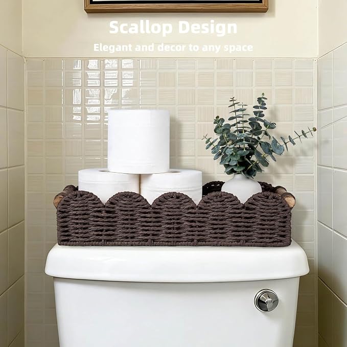 CubesLand Bathroom Basket Organizer w/Cut Out Handle, Back of Toilet Paper Storage Baskets for Bathroom Countertop Decorative, Small Scalloped Wicker Basket Also for Home Decor, Living Room, Brown