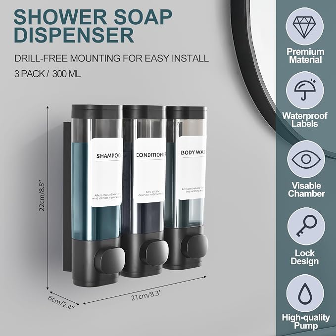 Shampoo Conditioner Shower Soap Dispenser 3 Chamber Wall Mount Black | Refillable. Leakproof 900ml. No-Drill Wall Mount. Soap, Shampoo, Conditioner, Body Wash, Shower Gel, Bathroom Set. BPA-Free.