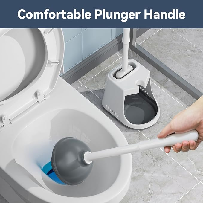 Unique Toilet Plunger and Brush, Silicone Brush and Heavy Duty Toilet Plunger Set with Ventilated Holder, 2-in-1 Toilet Brush and Plunger Combo for Bathroom Cleaning-New Pack (White)