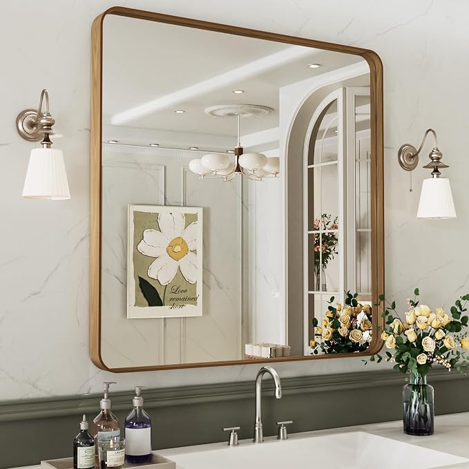 LOAAO 30X30 Bathroom Mirror, Wood Grain Colored Metal Frame | Rounded Rectangle Metal Framed, Anti-Rust, Hangs Horizontally or Vertically, Tempered Glass