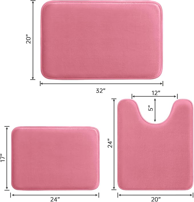 HUXMEYSON 3-Piece Memory Foam Bathroom Rug Set, Pink | Quick Dry Velvet Surface, Non-Slip & PVC Backing, Ultra Soft Bath Rugs for Bathroom, 17"x24"+20"x32"+U Shape 20"x24"