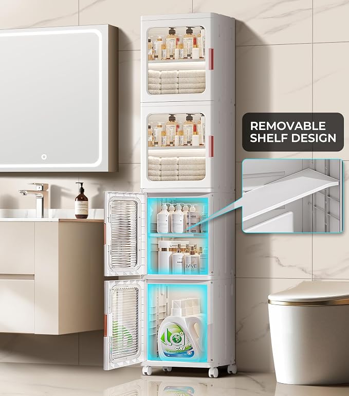 4-Tier Tall Narrow Bathroom Storage Cabinet with Doors and Adjustable Shelves Slim Foldable Cabinets with Wheels Small Spaces Plastic Organizers for Kitchen Laundry Room Bedroom Pantry,White