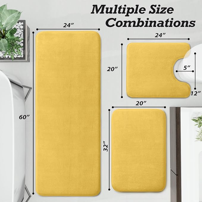 Bathroom Rugs Sets 3 Piece, Non-Slip & Quick Dry Bath Mat Set, Ultra Soft Velvet Bath Rugs for Bathroom, Toilet and Shower Floor, Yellow