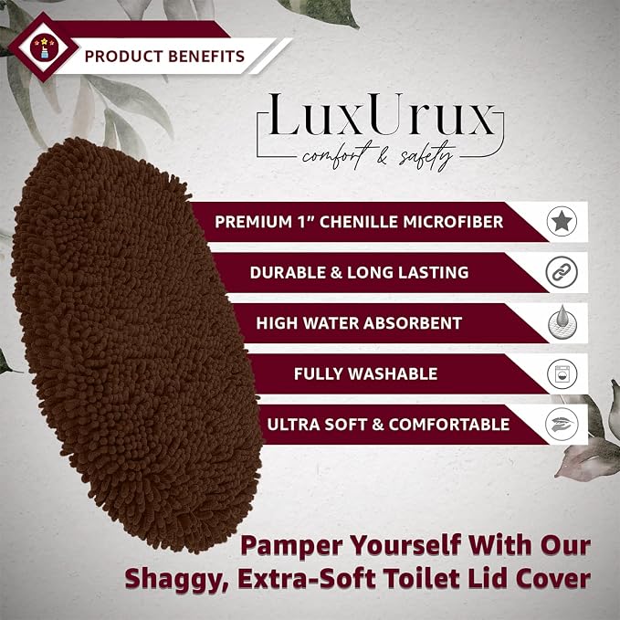 LuxUrux Toilet Lid Cover, Extra-Soft Plush Seat Washable Shaggy Microfiber Standard Toilet Lid Covers for Bathroom Machine Wash & Dry. (18x18 inches, Brown)