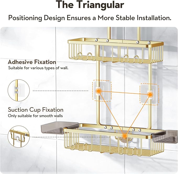 Shower Caddy Hanging, Never Rust Shower Organizer Hanging, Aluminum Shower Racks for Inside Shower with Hooks for Razor, Bathroom Organizers and Storage with Soap Holder, Gold