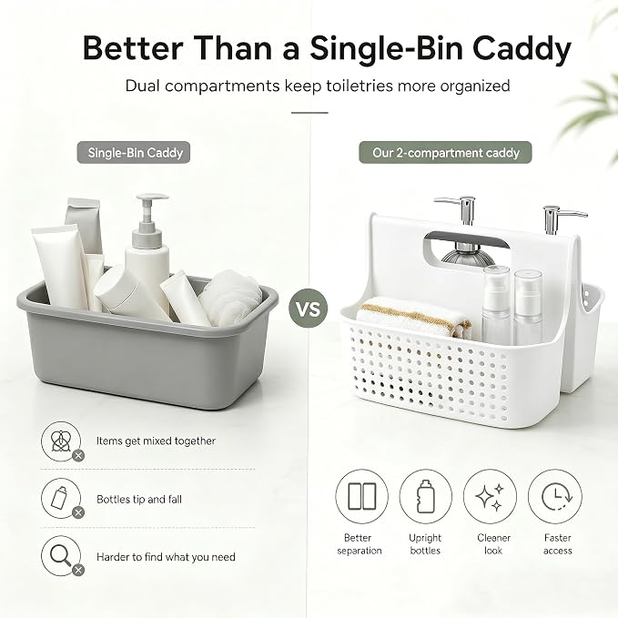 Haundry Portable Shower Caddy Basket, 2 Compartments Plastic Cleaning Caddy Organizer, Large Storage Tote with Handle for Bathroom, College, Dorm Room Essentials, White