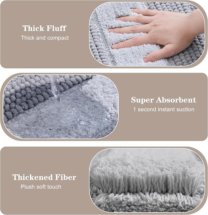 Kmson Ombre Chenille Bathroom Rugs, 20"x32" Non-Slip Bath Mat for Bathroom Floor & Bathtub, Ultra Soft Washable Shaggy Bath Rugs, Fluffy Thick Water Absorbent Microfiber Shower Mat Grey