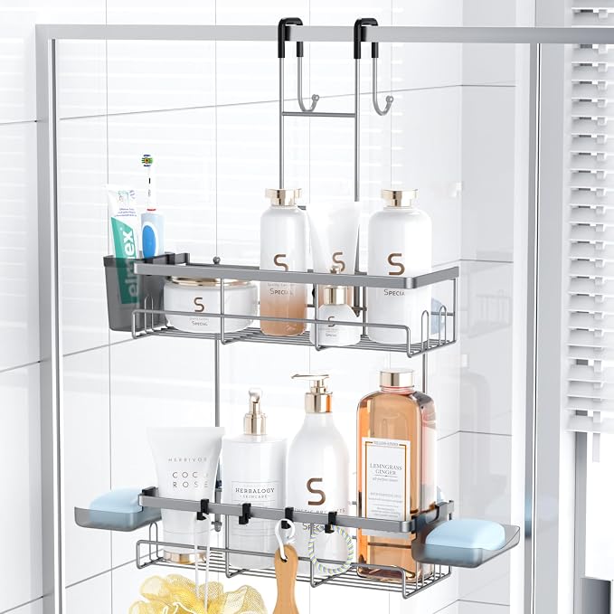 Aitatty Hanging Shower Caddy Over Door: No Drill Rustproof Shower Shelf | Includes Hooks & Soap Holders for Shampoos, Conditioners and Bathroom Essentials, Anti-Slip for Any Shower Room