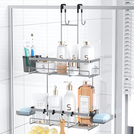 Aitatty Hanging Shower Caddy Over Door: No Drill Rustproof Shower Shelf | Includes Hooks & Soap Holders for Shampoos, Conditioners and Bathroom Essentials, Anti-Slip for Any Shower Room