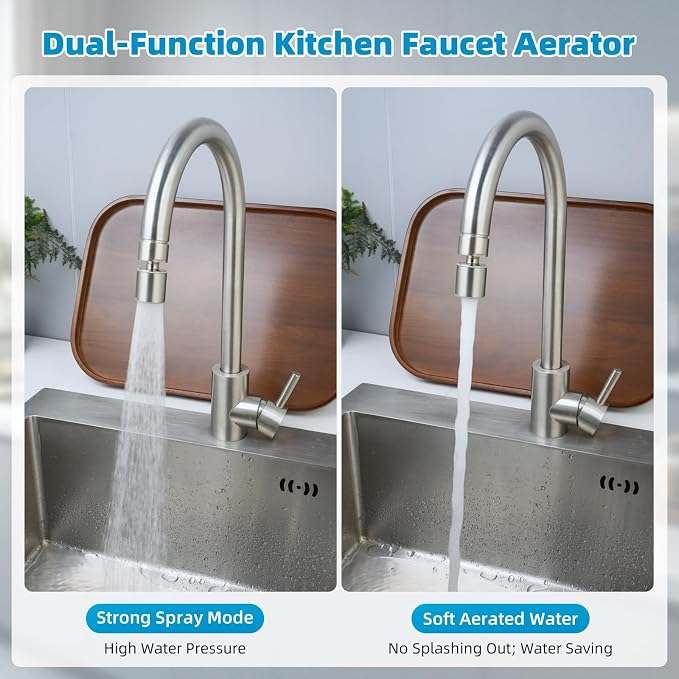 Hibbent NSF/ANSI/CAN 61 Certified Faucet Aerator, CUPC Certification 360° Swivel Kitchen Faucet Aerator, 2 Flow Sprayer Modes Water Saving Faucet Extender-55/64"-27UNS Female Thread/Brushed Nickel