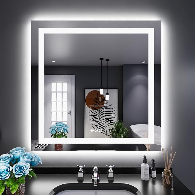 LOAAO 38"X38" LED Bathroom Mirror with Lights, Anti-Fog, Dimmable, Backlit + Front Lit, Lighted Bathroom Vanity Mirror for Wall, Memory Function, Tempered Glass, Shatter-Proof, ETL Listed | Anti-Fog, Dimmable, 3 Color Temperature, Backlit + Front Lit, ...