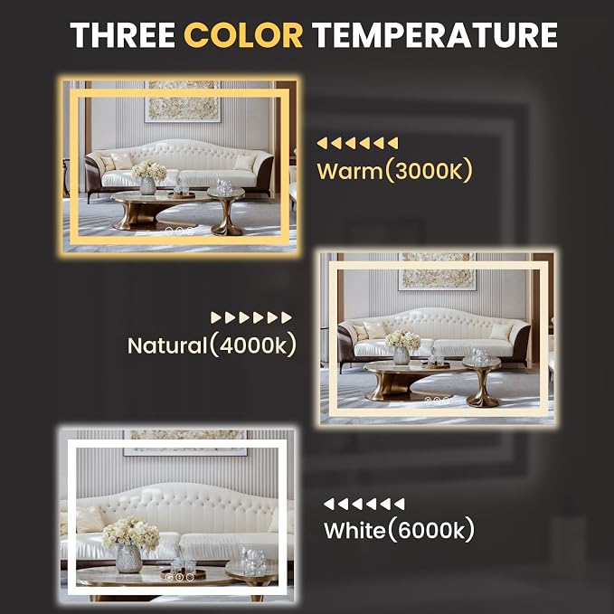 LOAAO 52"X36" LED Bathroom Mirror with Lights, UL Listed | Anti-Fog, Dimmable, 3 Color Temperature, Backlit + Front Lit, Memory Function, Tempered Glass