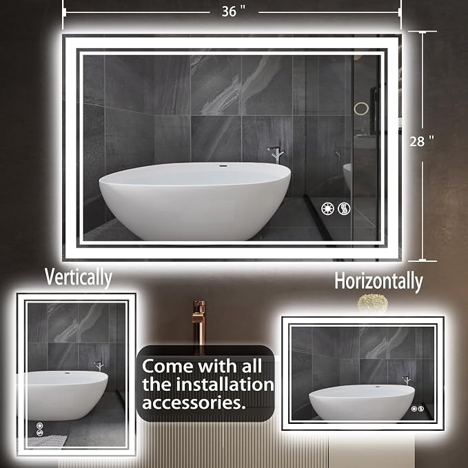 28 x 36'' Bathroom Mirror with Lights, Anti-Fog, Fogless | Dimmable 3 Colors Bathroom Mirror, Touch Sensor, Smart Vanity Mirror, Switch/Plug in Wall Mounted, Horizontal/Vertical