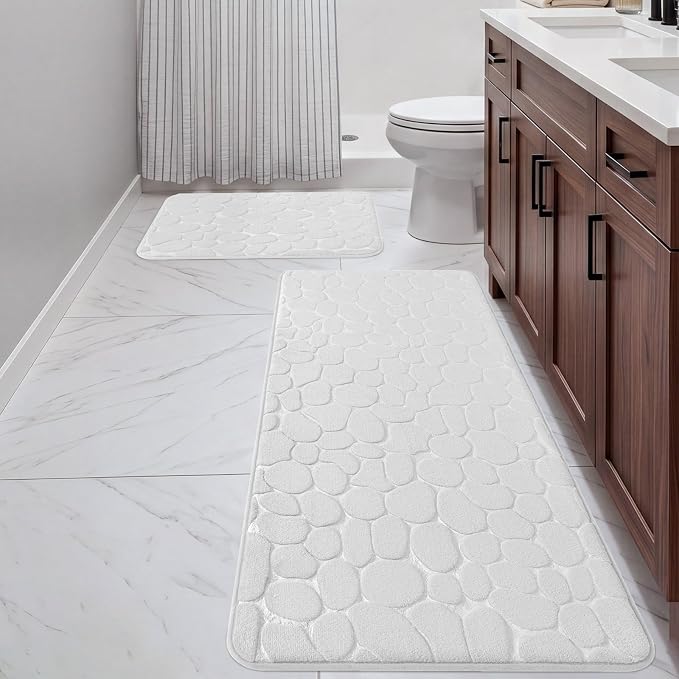 YIHOUSE Bathroom Rugs Mat Set, Memory Foam Bath Mat 2 Piece White | 17x24&20x46, Non Slip, Water Absorbent, Washable, Bath Mat For Bathroom, Sink and Toilet