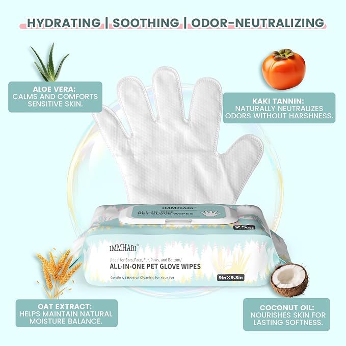 IMMHABI 50 Count Cleaning Deodorizing Pet Glove Wipes for Dogs & Cats, Hypoallergenic Dog Bath Wipes with Natural Deodorizer Persimmon Tannin, Pet Bathing Wipes for Horse Coat Care Unscented