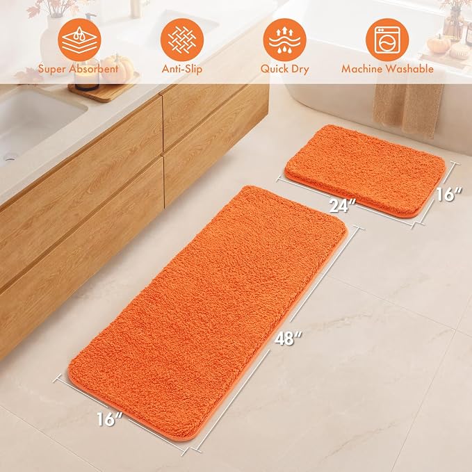 MIULEE Fall Orange Bathroom Rugs Set 2 Piece Soft Bath Mats 16x24+16x48 in | Soft Absorbent Microfiber Bath Rugs, Non Slip, Quick Dry, Fluffy Bath Rugs for Bathroom Floor Tub Showers, Machine Washable