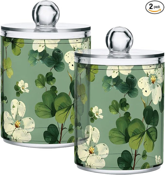 2 Pack Qtip Holder Dispenser for Cotton Ball White Flower Green Leaves Swab Cotton Round Pads Clear Plastic Acrylic Jar Set Bathroom Canister