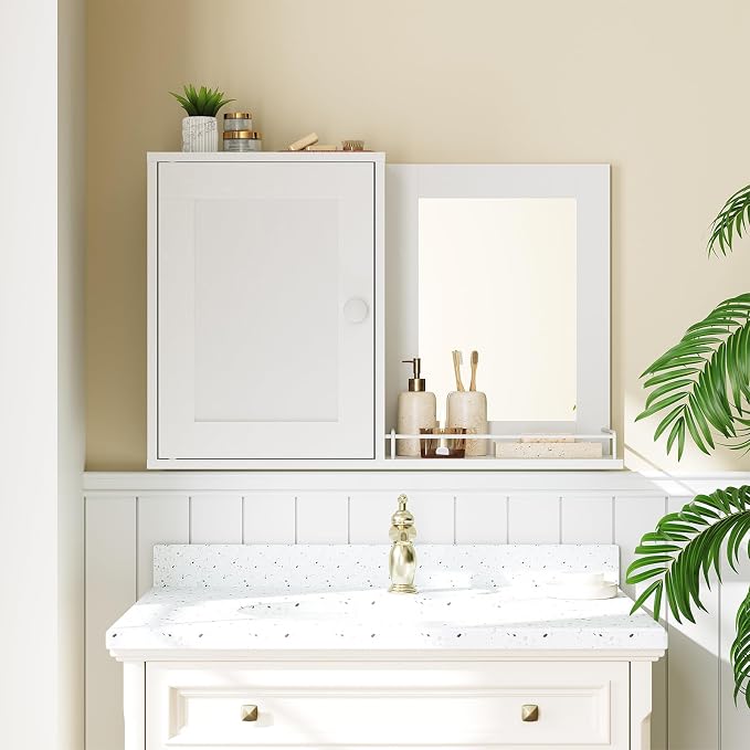 YATINEY Medicine Wall Cabinet with Mirror, Bathroom Mirror with Storage, Medicine Cabinet Mirror, Wall Mounted Home Storage, Adjustable Shelf, for Laundry Room, Bedroom, Camper, Hallway, White