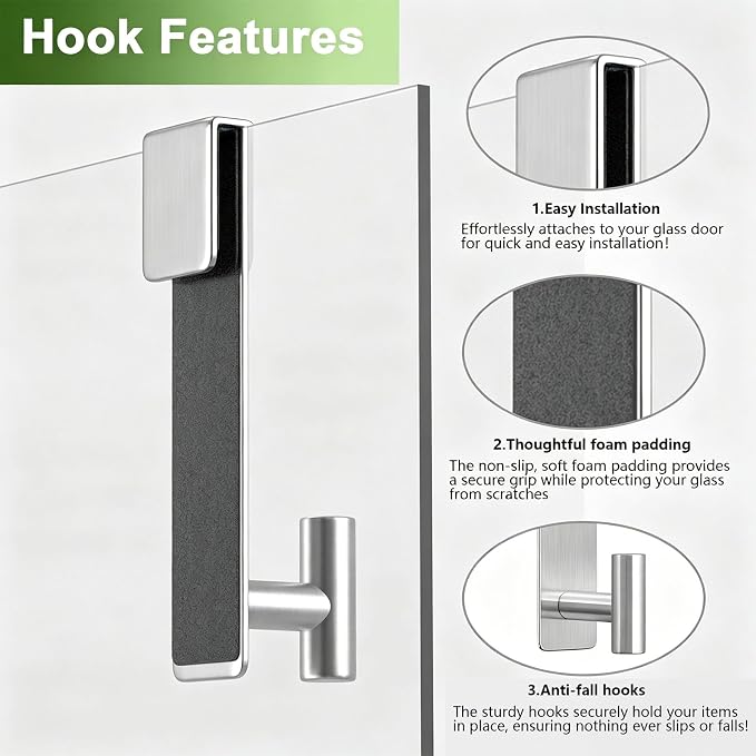 Shower Door Hooks, Heavy Duty Rack Hooks for Robe, Stainless Steel Robe Towel Hooks for Bathroom, Fits Frameless Glass Shower Doors up to 3/8" (10mm) Thick (Silver, 2 Pack)