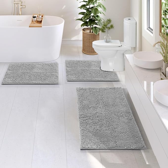 Hearth & Harbor Bathroom Rugs, Chenille Bath Mat - Machine Washable Bath Mats for Bathroom Non-Slip Backing Rubber, Quick Dry Mat - Silver Bath Rug, 17x24-20x32-20x24