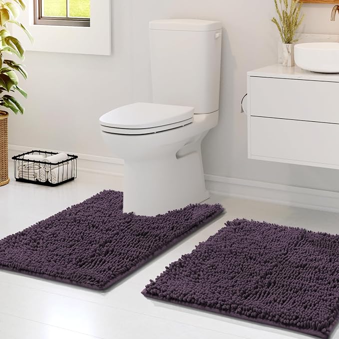 Hearth & Harbor Bathroom Rugs, Chenille Bath Mat - Machine Washable Bath Mats for Bathroom Non-Slip Backing Rubber, Quick Dry Bathroom Mat - Purple 17x24-20x24