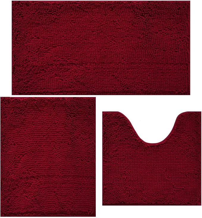 Bathroom Rugs Chenille Bath mat 3-Piece Set, Super Absorbent, Strong PVC Non-Slip, Bath Carpet, Plush Shaggy, Thick, Machine Washable, for Tub, Shower, Toilet, Burgundy