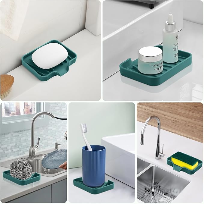 Silicone Soap Dish with Drain, SAISN Kitchen Soap Tray for Shower 2 Pack Self Draining Soap Dish Soft Bathroom Soap Holder for Kitchen Sink Flexible Portable Soap Saver, Green