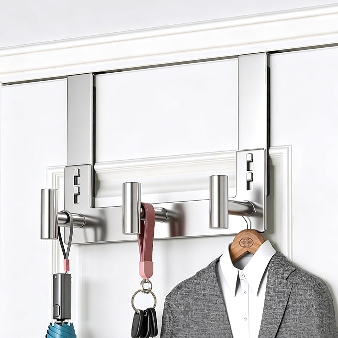 PMMASTO Over The Door Hooks, Fits 1-3/4" Thick Door No Drill Hooks for Closet Bathroom Bedroom Organization, Hanger for Coat Towel Robe (Polished Silver, 3 T-Hooks)