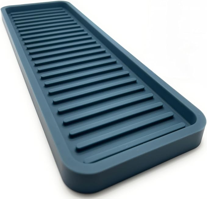 Silicone Sink and Surface Organizer Tray, Sponge Holder, Vanity Tray, Heat Safe, Dishwasher Safe, for Bathroom and Kitchen Organization (Smoky Blue, 12"x4")