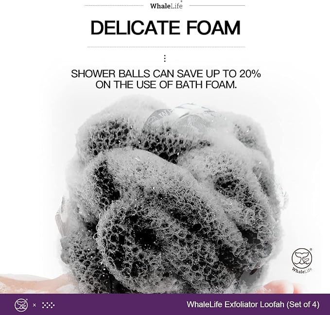 Loofah Sponge Bath Sponge for Women Men 4 Pack (Black Rough Surface) | 10X Suds Save Body Wash Double Knotted Anti Tear Core Fast Dry Cotton Loop Stay Fresh Large Mesh for Sensitive Skin