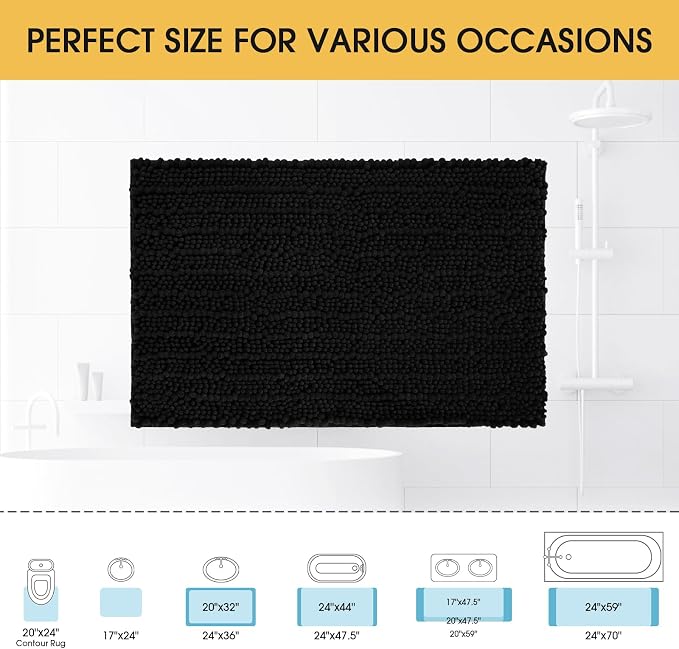 ACCUMTEK Upgrade Luxury Black Bathroom Rug Mat 48"x17", Ultra Soft Thick Absorbent Bath Mats, Non Slip Chenille Toilet Mat for Bathroom, Bedroom, Kitchen, Shower, Tub