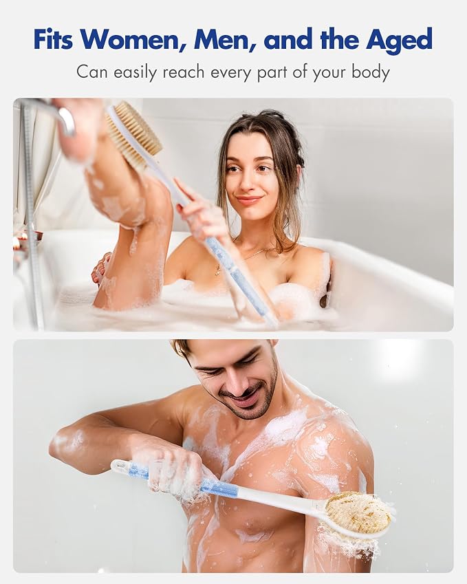 Back Scrubber Body Shower Brush: Anti Slip Long Handle Bath Brush with Stiff and Soft Bristles - Showering Exfoliator Wet or Dry Brushing for Women, Men, Elderly (Blue) (Pack of 2)