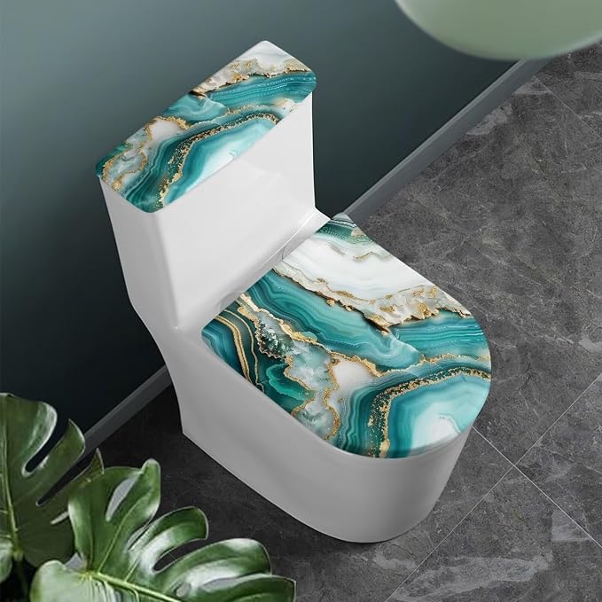 Green Marble Toilet Lid Cover Set of 2 Pack Tank Lid Covers Soft Fit Most Round and Elongated Keep Bathroom Clean