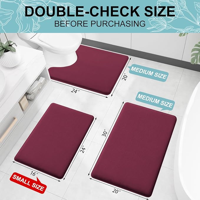 Smiry Memory Foam Bath Mat 47x24, Extra Soft and Absorbent Bathroom Rugs | Burgundy, Quick Dry Machine Washable Non-Slip Bath Mat for Bathroom Floor, Shower and Tub