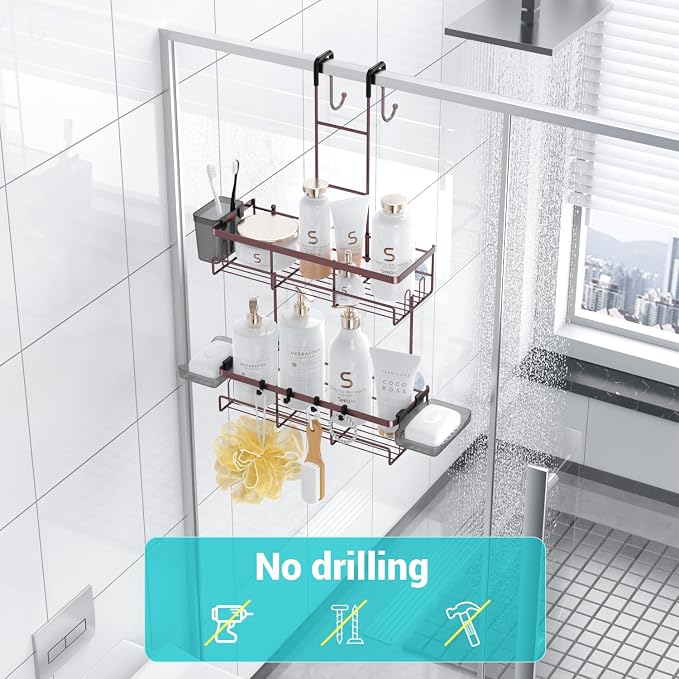 Over the Door Shower Caddy Hanging: No Drill Rustproof Shower Organizer | Includes Hooks & Soap Holders for Shampoo, Conditioner and Bathroom Essentials, Anti-Slip Design for Any Shower Room