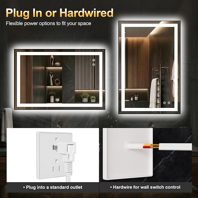 LED Bathroom Mirror with Light, 24x36 Vanity Mirror for Wall with Frame | Anti-Fog, Dimmable 3 Colors, Memory Function, Backlit and Front Lit, Shatter-Proof Glass, Plug-in/Hardwired
