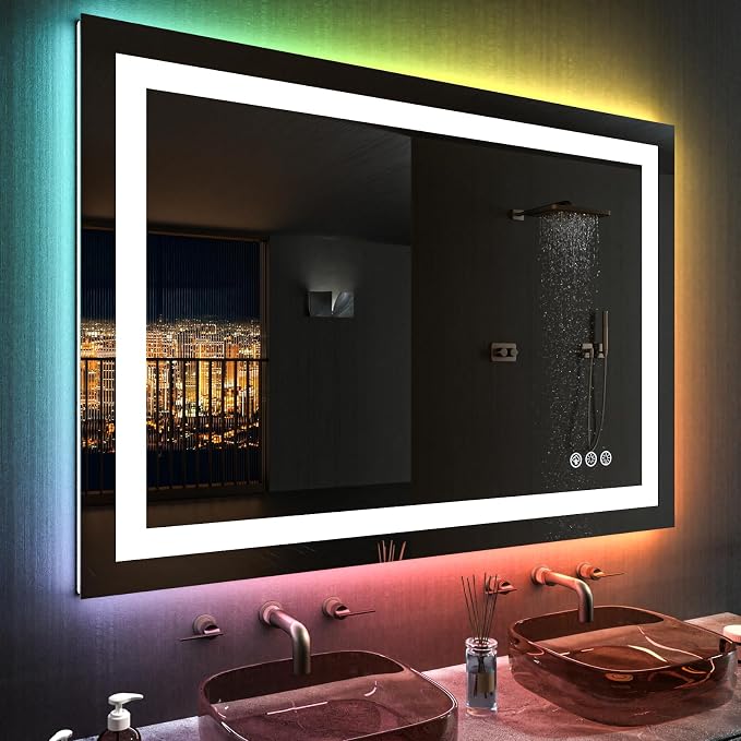 LOAAO 48"X36" RGB LED Bathroom Mirror with Lights, UL Listed | Anti-Fog, Dimmable, RGB Backlit + Front Lighted, Memory Function, Tempered Glass