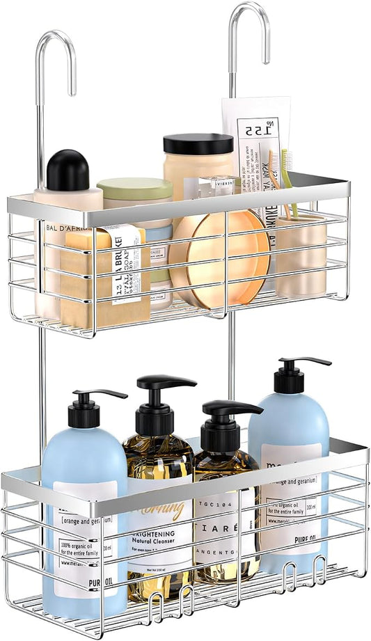 YUOROS Shower Caddy Hanging, 2 Tier Over the Door Shower Organizer Rack 304 Stainless Steel Rustproof Bathroom Storage Shampoo Holder Basket (Silver)