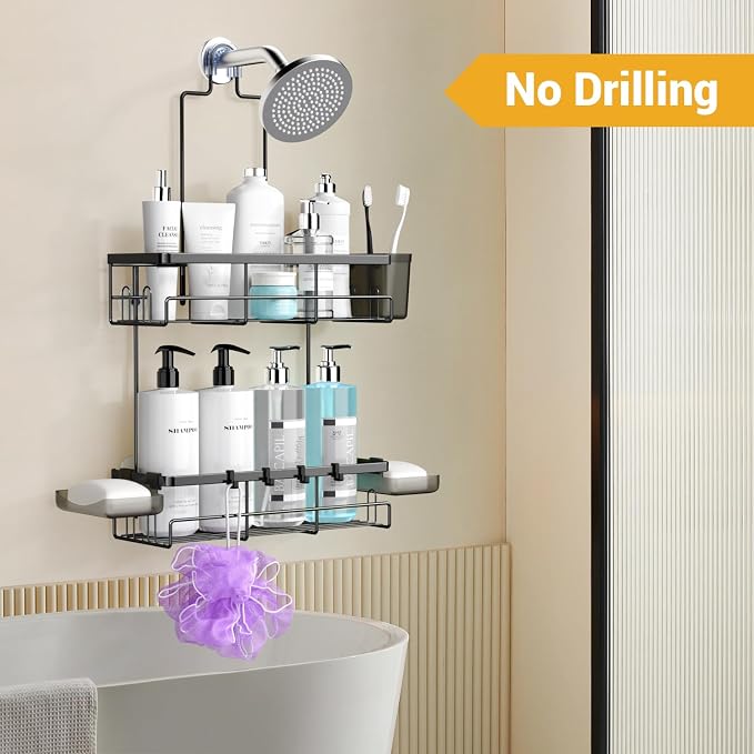 Hanging Shower Caddy Over Showerhead - Rustproof No Drill Shower Organizer | Includes Soap Holder and Hooks for Shampoo, Conditioner, and Bathroom Essentials with Quick Drainage Design