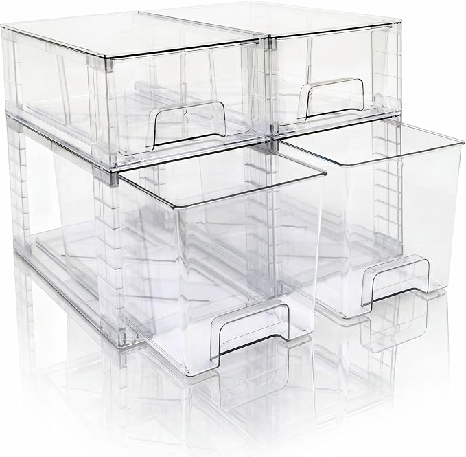 Clear Stackable Acrylic Storage Drawers(4 Pack), Plastic Organizer Bins with Handles, Easy Assembly for Bathroom Kitchen Pantry Cabinet Under Sink Snack Home Storage Solutions