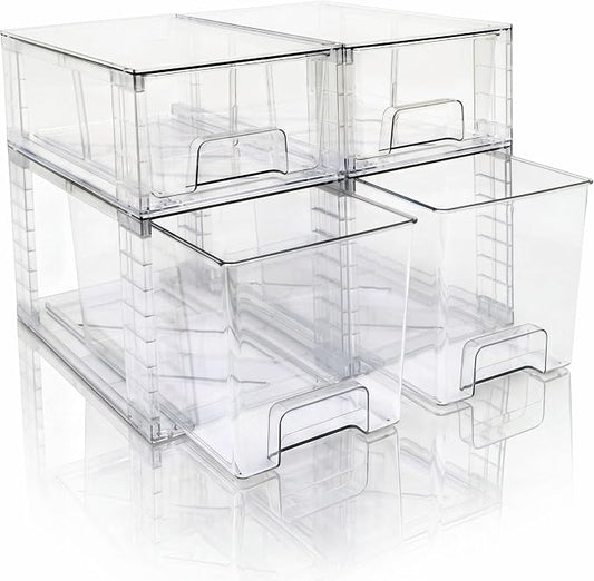 Clear Stackable Acrylic Storage Drawers(4 Pack), Plastic Organizer Bins with Handles, Easy Assembly for Bathroom Kitchen Pantry Cabinet Under Sink Snack Home Storage Solutions