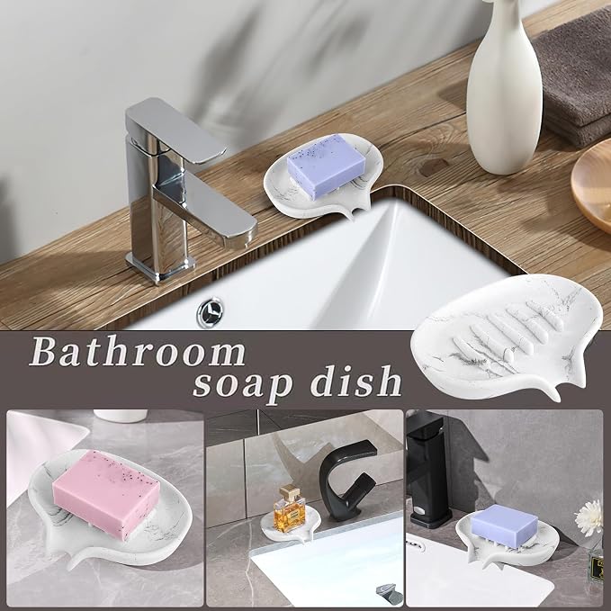 Self Draining Soap Dish for Shower & Bathroom Sink with Drain | Large Marble Resin Non Slip Soap Tray for Bar Soap, Kitchen Counter, Bathtub & Sink