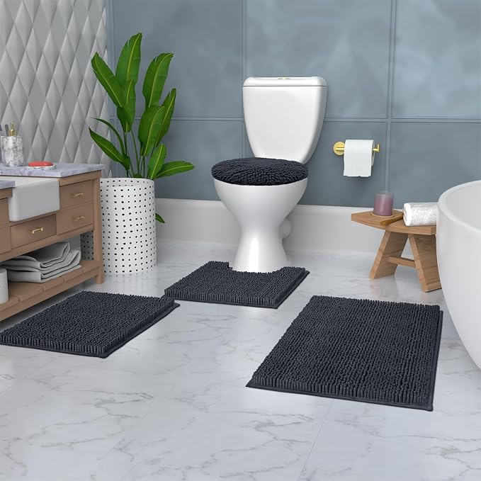 LuxUrux 4-Piece Bathroom Rug Set - Soft Chenille Mats, Non-Slip Toilet Mat & Lid Cover for Comfort & Style (20x20 U, 16x24, 20x30 & 19x19 inches, Charcoal)