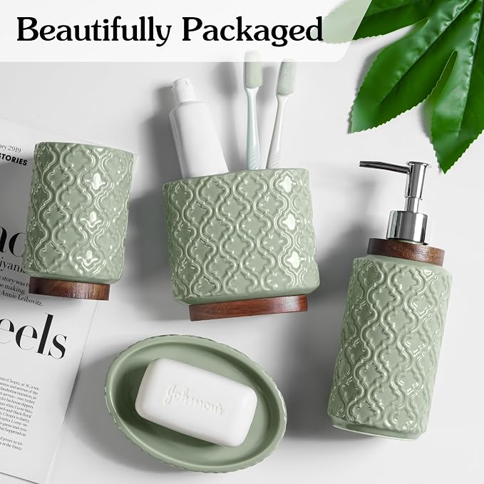 RQYIXI Ceramic 4-Piece Bathroom Accessories Set,Sage Green | Countertop Essentials Embossed Textured Design Solid Wood Non-Slip Detail Sage Green Finish