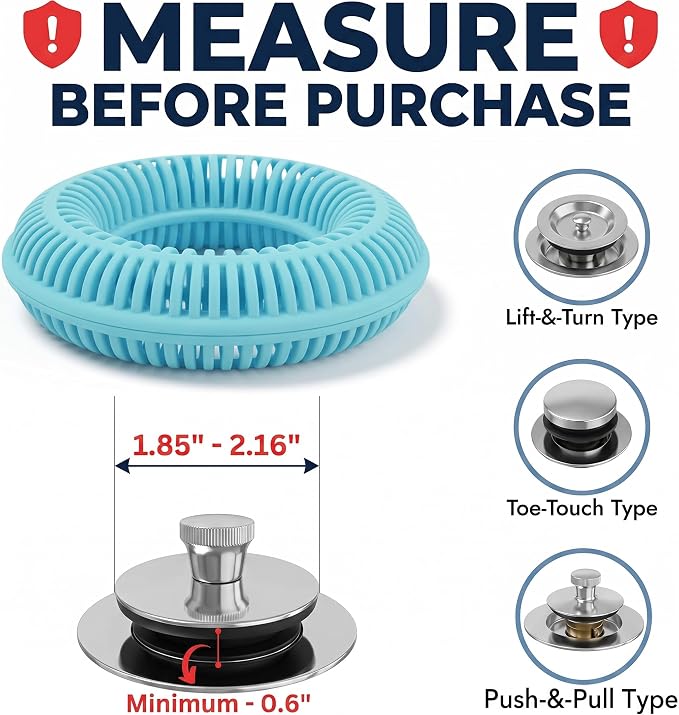 TubRing Pop-Up Drain Protector & Strainer Silicone Hair Catcher, Aqua | Easy snap-in design fits around bathtub stoppers. Customizable utility guard for clog prevention. Fits 1.85"- 2.16" drains.