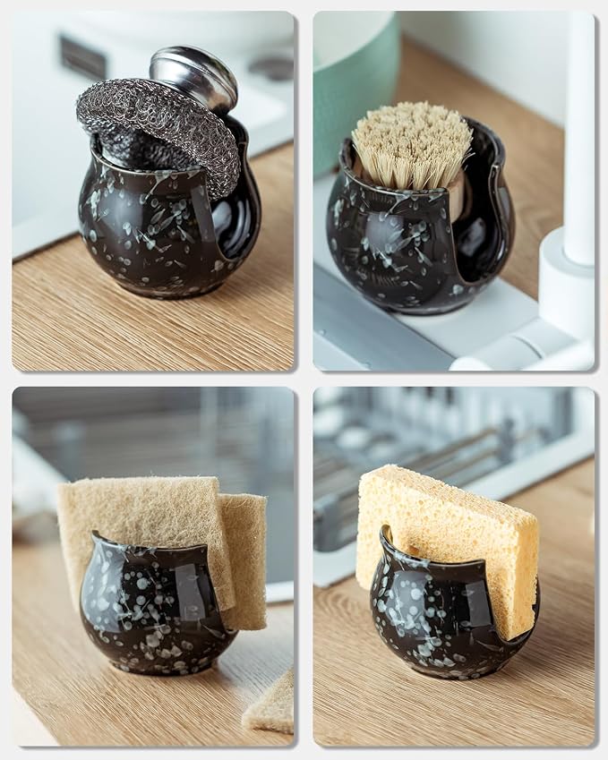 Zoeeker Kitchen Sponge Holder, Ceramic Dish Sponge Holder Kithen Sink Organizer Farmhouse Brush Holder Dish Rack for Bathroom, Kitchen, Sink, Black