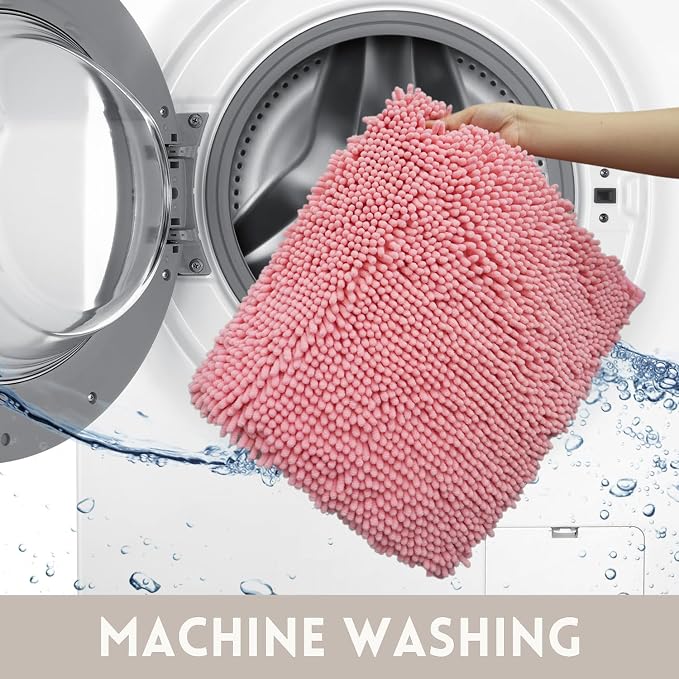 Bathroom Rugs Chenille, Extra Thick and Absorbent, Non-Slip, Machine Washable, Dry Quckily, Soft Cozy Plush, Used Under Shower Bathtub and Sink, Bath mat Sets 2Piece Pink