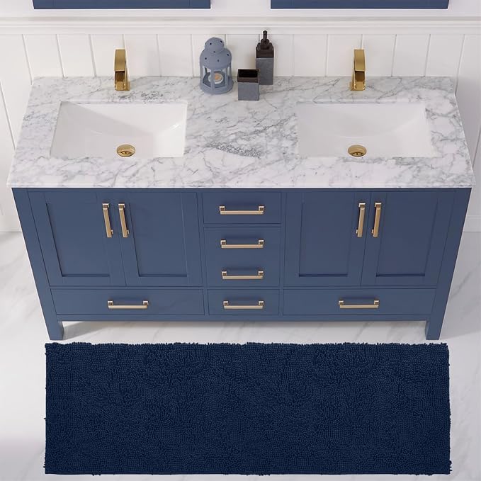 LuxUrux 2-Piece Bathroom Rug Set – Plush Chenille Runner & U-Shaped Toilet Mat, Soft, Absorbent & Non-Slip Design (20x20 U & 27x47 inches, Navy)