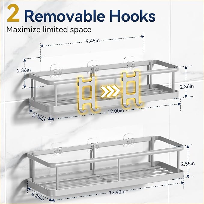 Shower Caddy Adhesive, Rustproof Shower Organizer, Large Capacity Shower Shelves for Inside Shower, No Drilling Bathroom Organizers and Storage for Home Decor （2 Pack Grey）