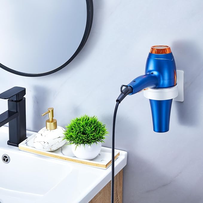 Hair Dryer Holder Wall Mounted, Blow Dryer Holder, Hair Tool Organizer for Hair Dryer Storage Hanger, Adhesive Hairdryer Holder for Bathroom Barber Shop (White)